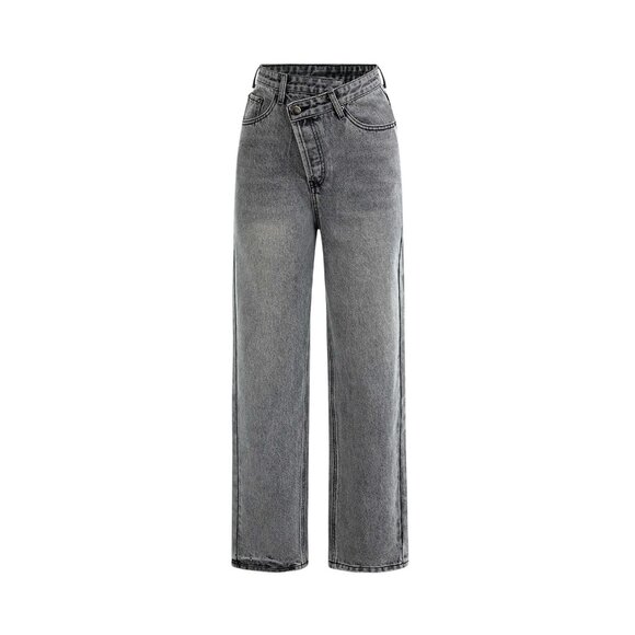 Micas Denim - Micas Women's Size Large Asymmetric Waist Straight Leg Jeans Dark Grey New